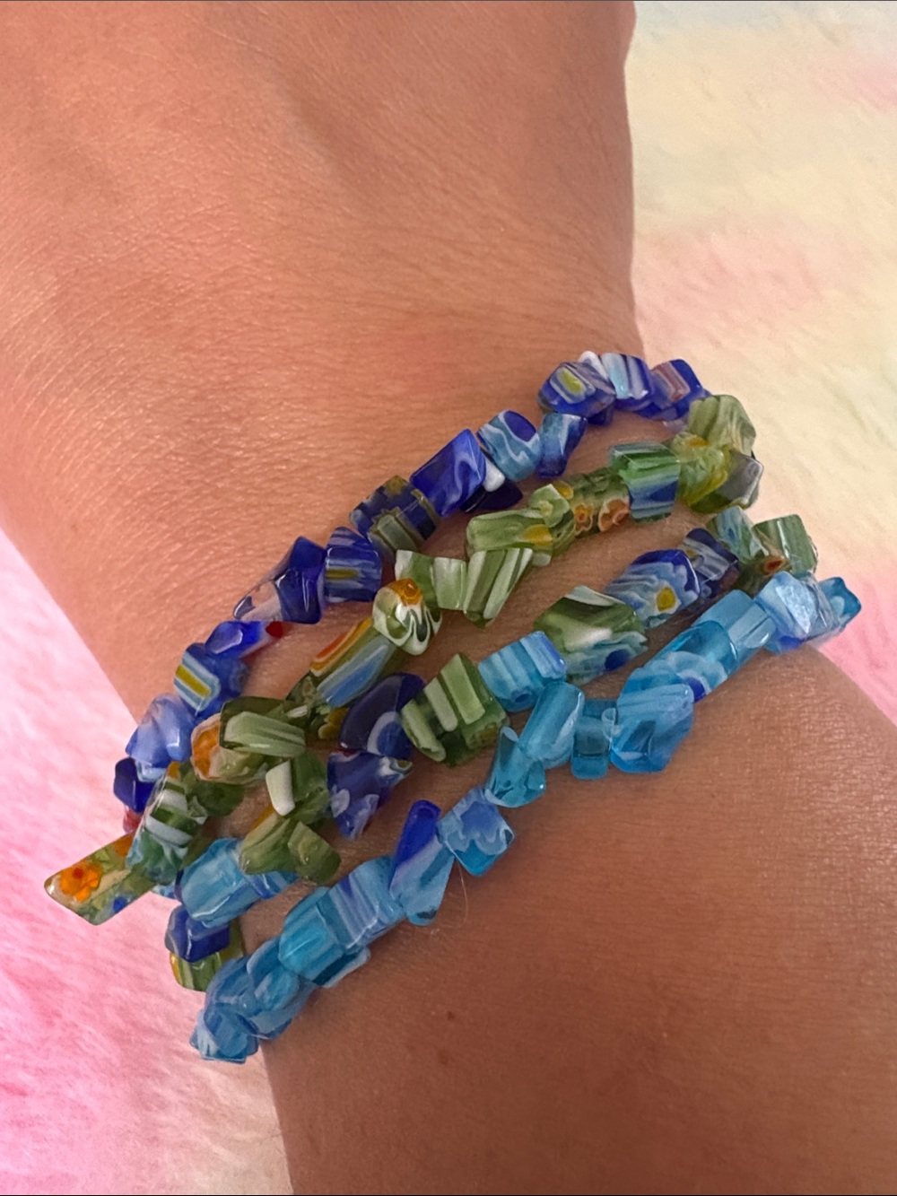 Set of Four Beaded Stretch Bracelets - Blue & Green beach glass Mix